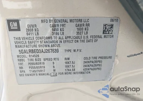 2010 Buick Enclave 1Xl из США, поврежденный, VIN 5GALRBED3AJ267639